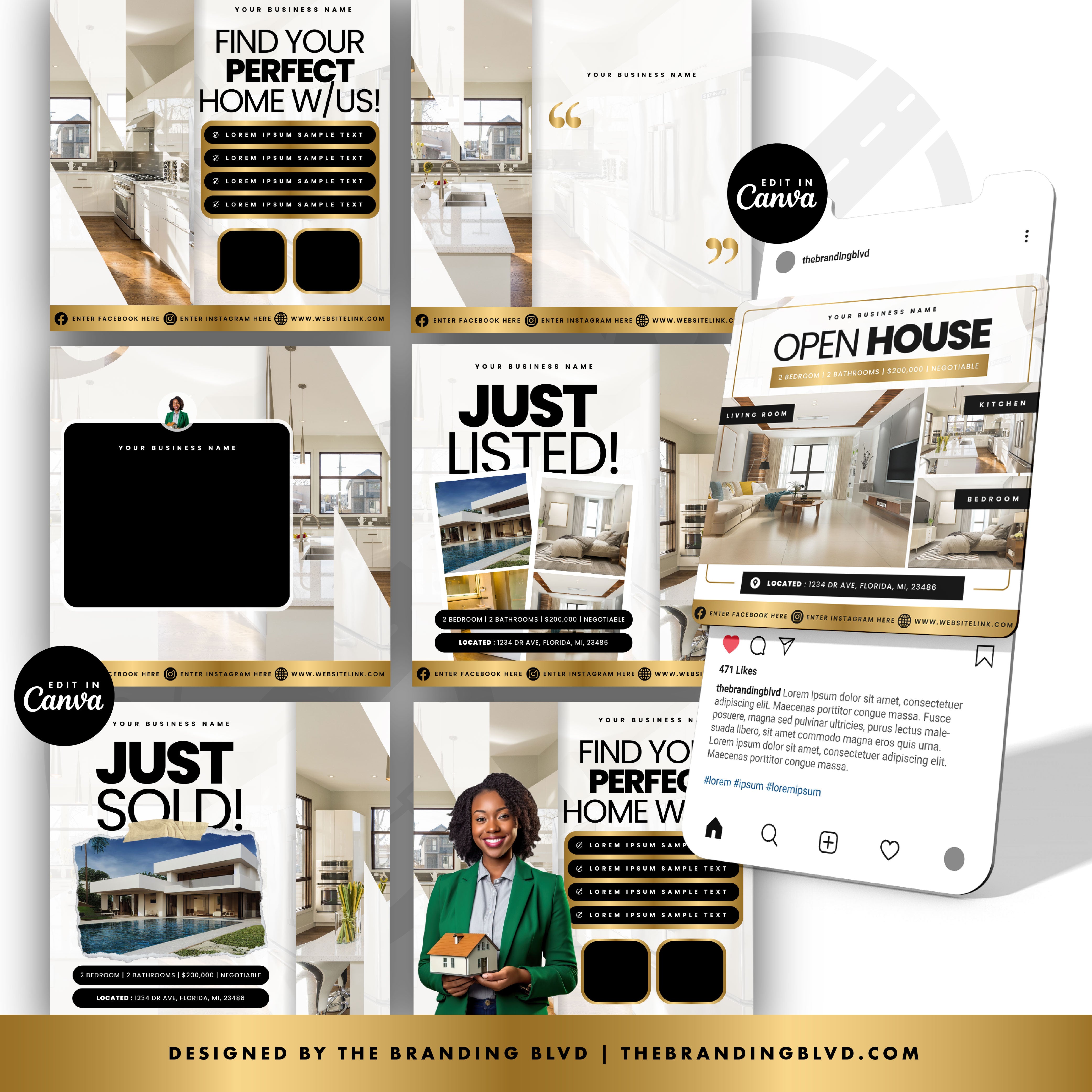 7X REALTOR DIY CANVA TEMPLATES : (Black, White & Gold) Digital Download